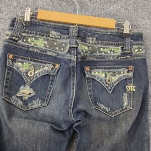 Vtg Miss Me Jeans 30 Bootcut Camo Rhinestone Blue Distressed Denim Y2K Grunge